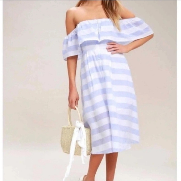 Lulus- Stripe Off/ On Shoulder button Down Dress-M - Picture 4 of 11